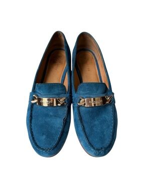 Coach Kimmie Loafers Slip On Flat Shoe Blue Suede Women 8 Gold Chain Logo Buckle